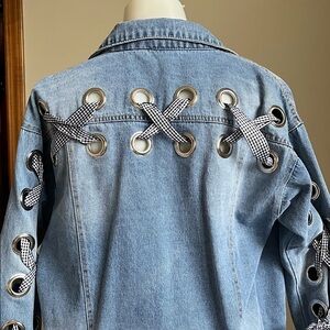 Grommet Gingham Ribbon Jean Jacket